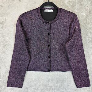 Zara Sweater Womens Medium Purple Metallic Button Cardigan Crewneck Shimmer Top